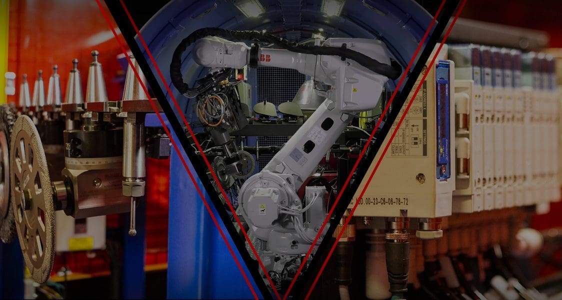 Triangular collage of robotic arm and controls