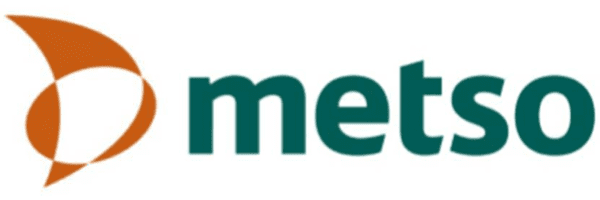 Metso teal wordmark with orange symbol