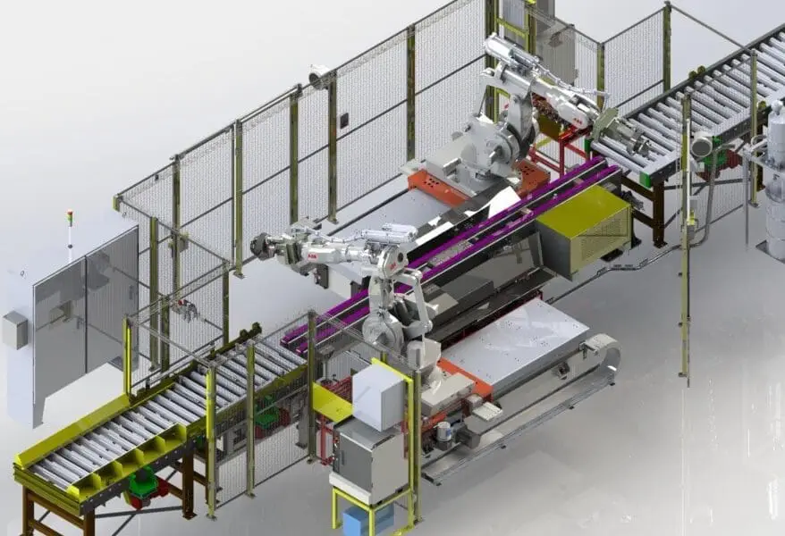 Industrial robotic assembly line with conveyor belts.
