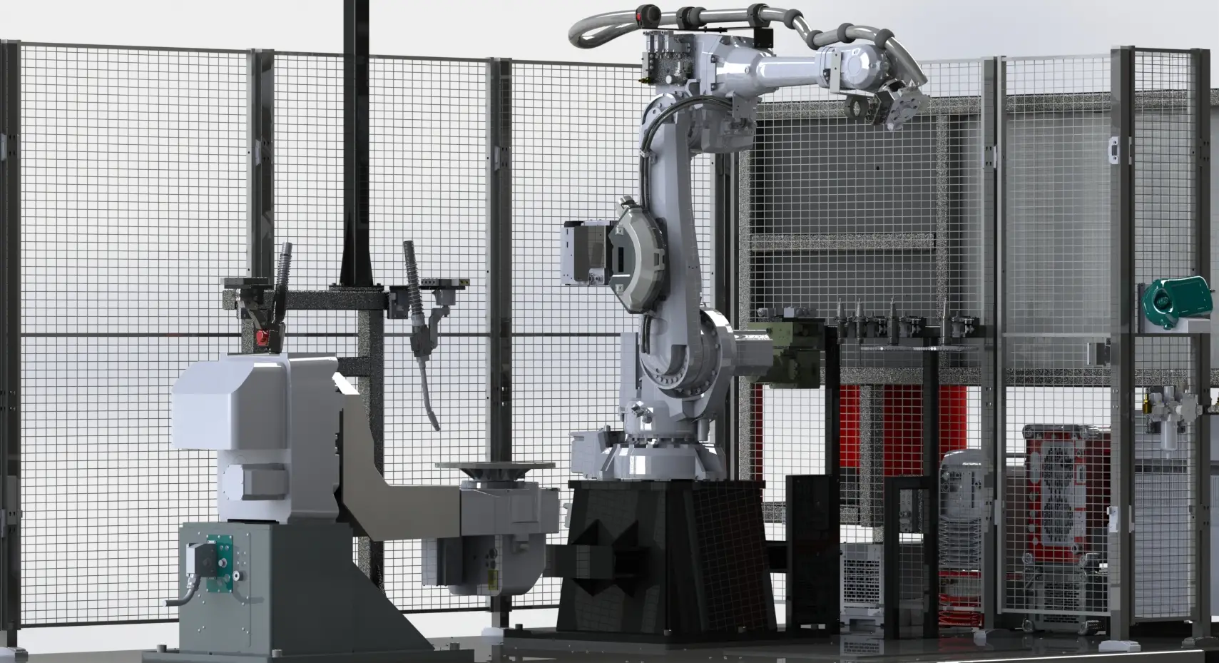 Industrial robot arm in fenced workspace.